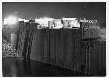 Night construction on Conchas Dam, N.M., 1939.
